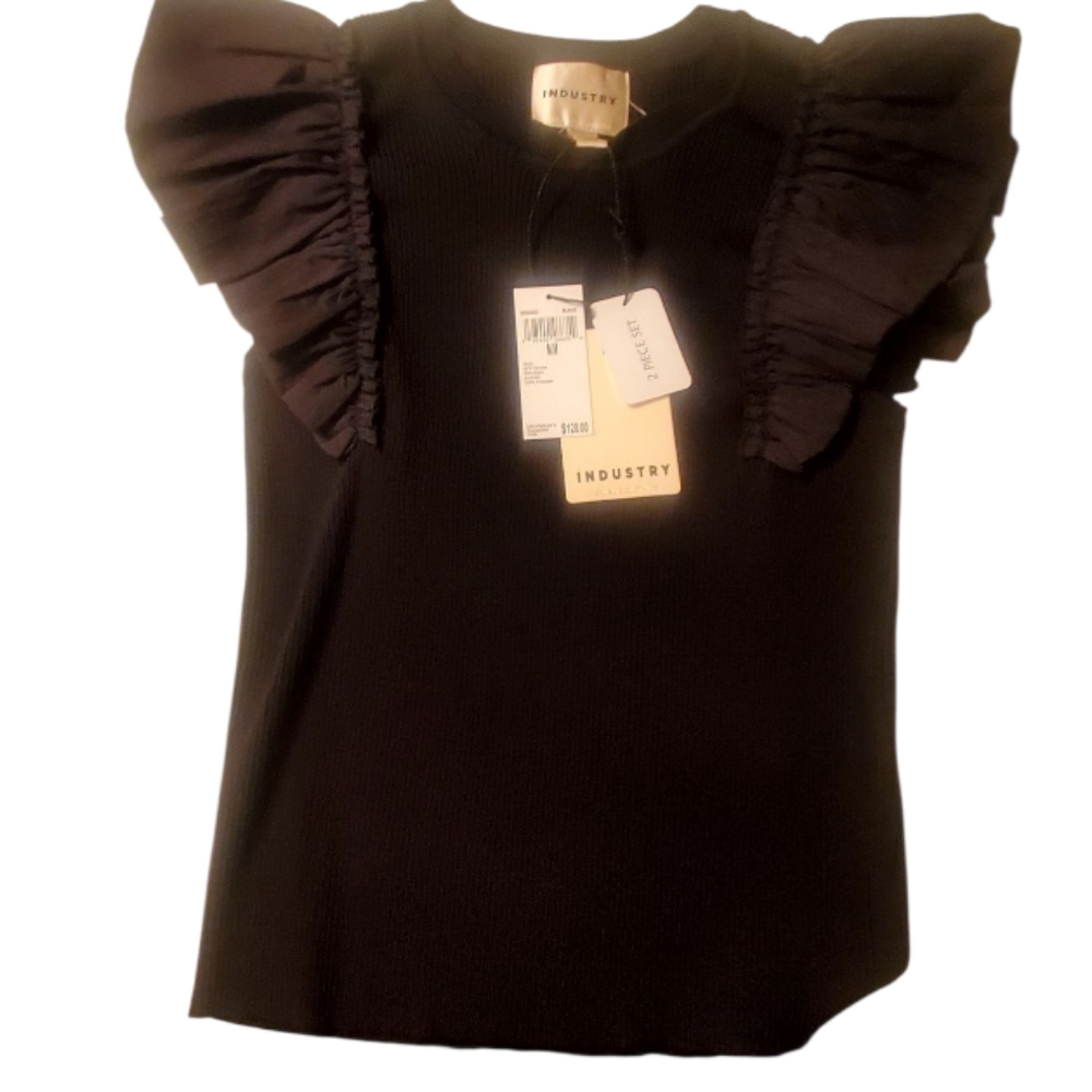 Industry Women's Black Flutter Sleeve Top & Midi Skirt Sz Med - Picture 2 of 13